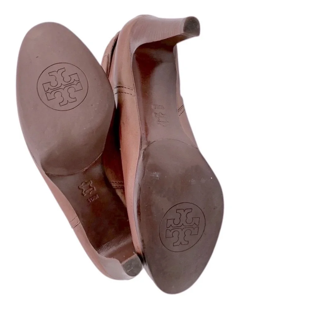 Tory Burch Tan Leather Ankle Boots Stiletto Heel Logo Medallion Womens 10